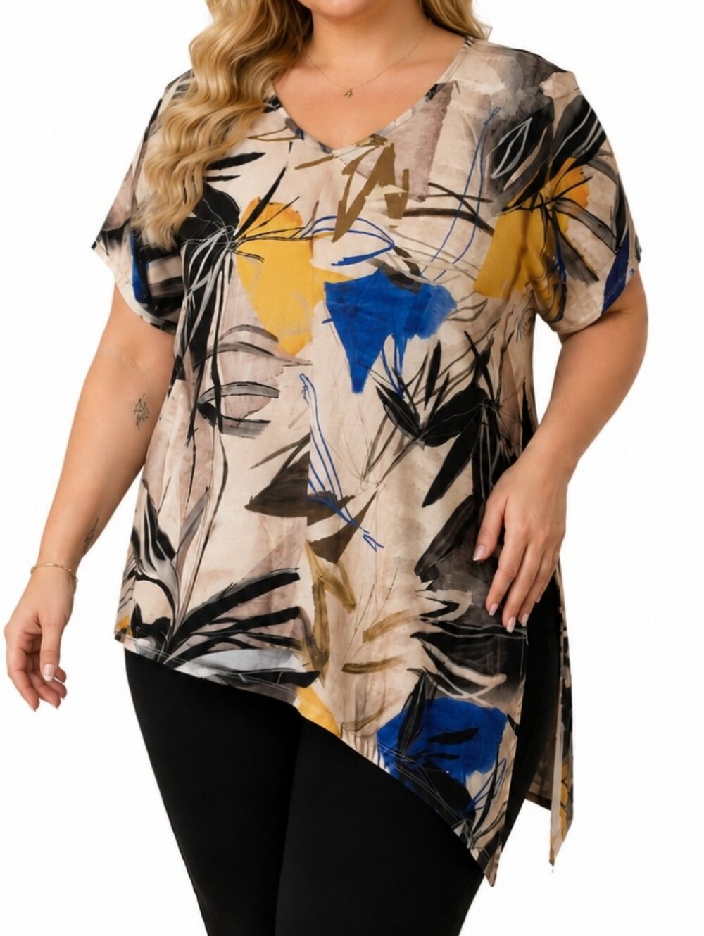 Laura Plus 2X Abstract Art Print Asymmetrical Hem Tunic Blouse Artsy V Neck